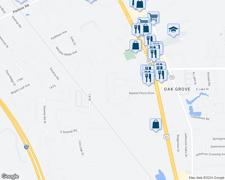 map of restaurants, bars, coffee shops, grocery stores, and more near 17037 Enterprise Avenue in Prairieville