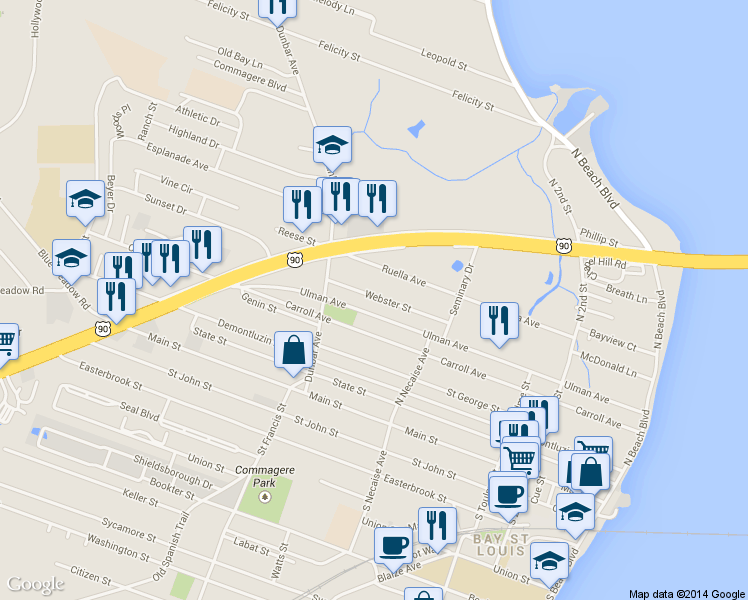 map of restaurants, bars, coffee shops, grocery stores, and more near 436 Webster Street in Bay St. Louis