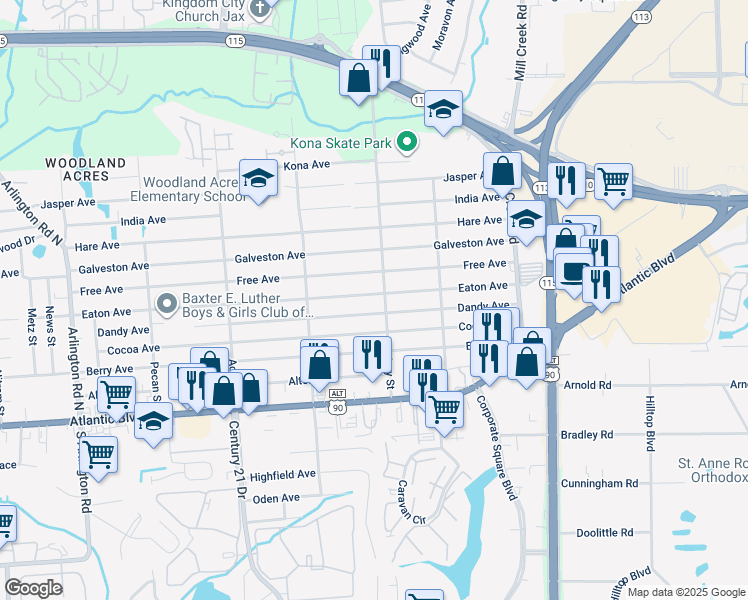 map of restaurants, bars, coffee shops, grocery stores, and more near 8602 Eaton Avenue in Jacksonville