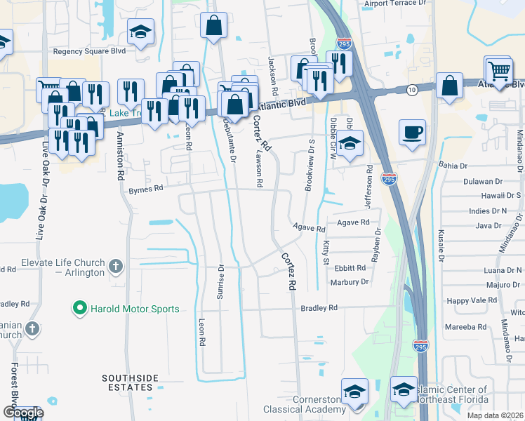 map of restaurants, bars, coffee shops, grocery stores, and more near 1838 Cortez Road in Jacksonville