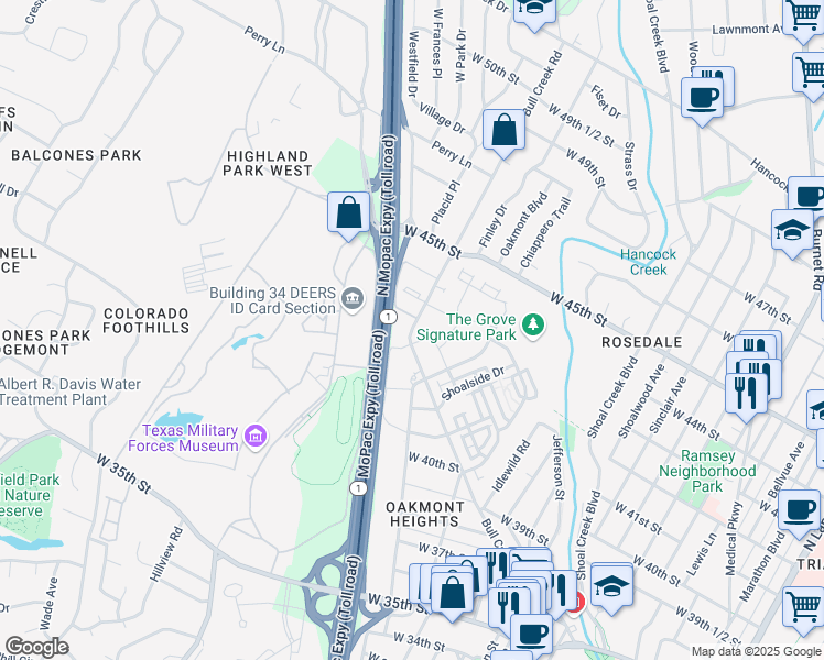 map of restaurants, bars, coffee shops, grocery stores, and more near 4305 Bull Creek Rd in Austin