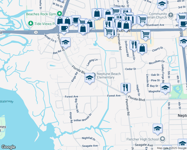 map of restaurants, bars, coffee shops, grocery stores, and more near 1666 Windward Lane in Neptune Beach