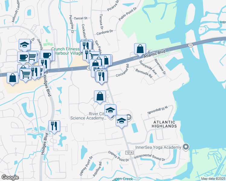 map of restaurants, bars, coffee shops, grocery stores, and more near 1701 San Pablo Road South in Jacksonville