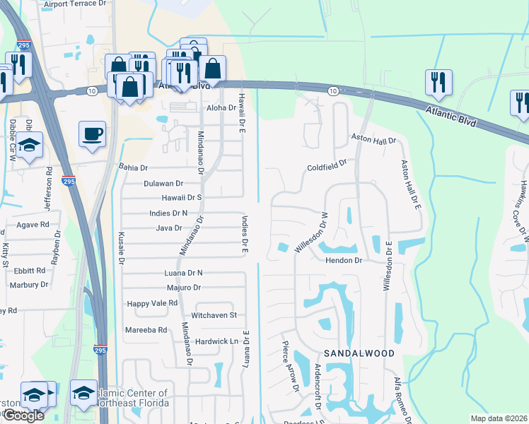 map of restaurants, bars, coffee shops, grocery stores, and more near 1901 Indies Drive East in Jacksonville