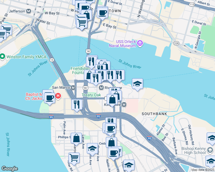 map of restaurants, bars, coffee shops, grocery stores, and more near 1478 Riverplace Boulevard in Jacksonville