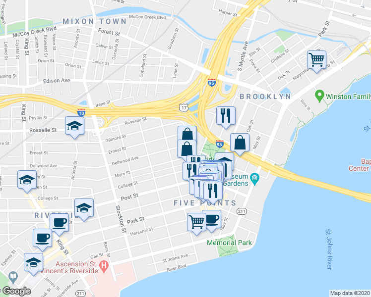 map of restaurants, bars, coffee shops, grocery stores, and more near 804 Margaret Street in Jacksonville