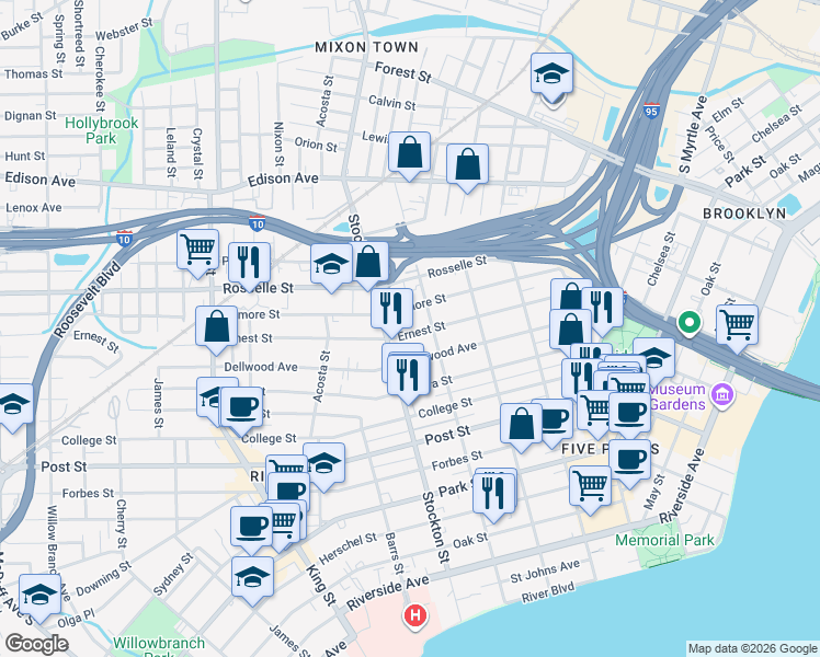 map of restaurants, bars, coffee shops, grocery stores, and more near 2303 Ernest Street in Jacksonville