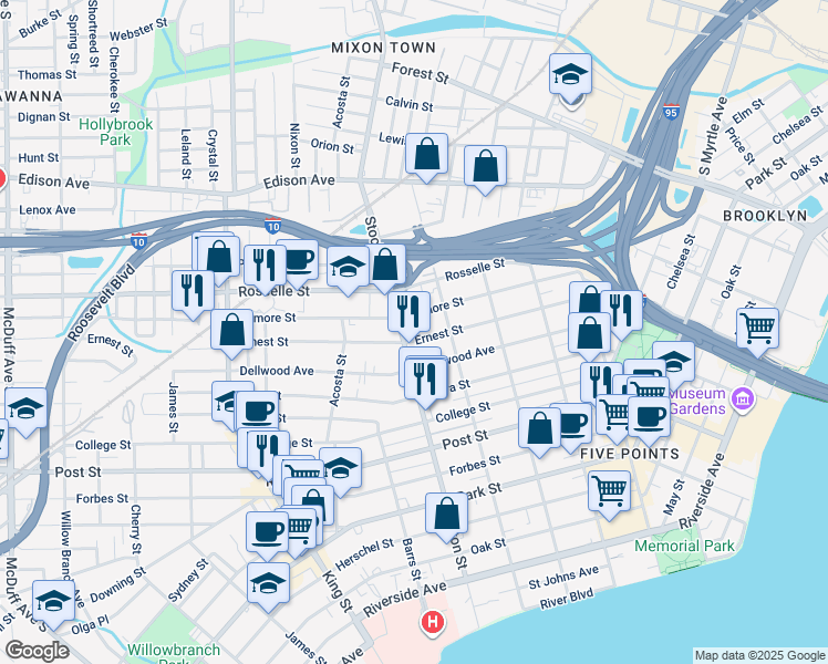 map of restaurants, bars, coffee shops, grocery stores, and more near 721 Stockton Street in Jacksonville