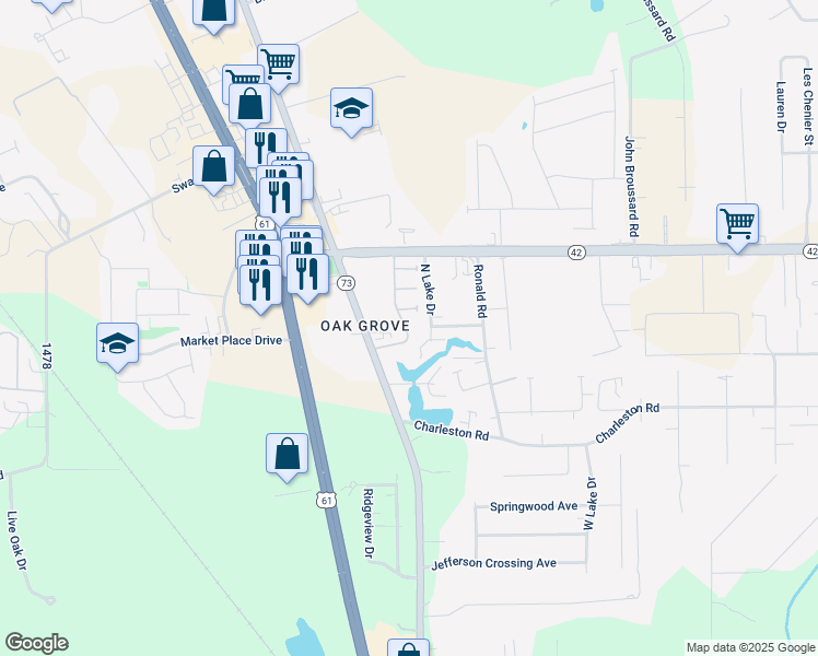 map of restaurants, bars, coffee shops, grocery stores, and more near 17198 Old Jefferson Highway in Prairieville