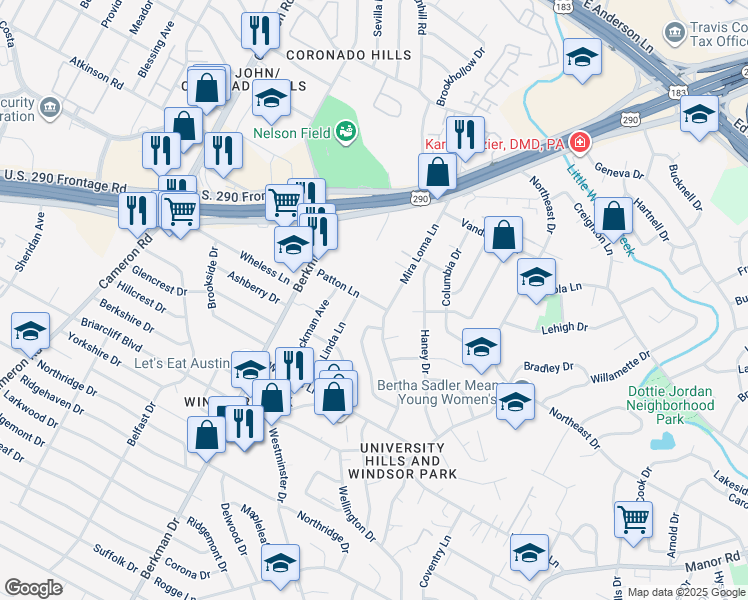 map of restaurants, bars, coffee shops, grocery stores, and more near 1914 Patton Lane in Austin