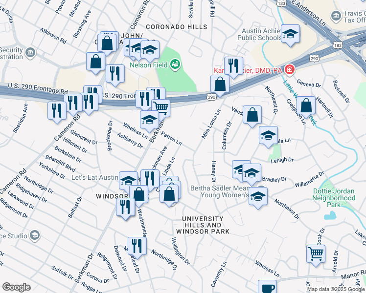 map of restaurants, bars, coffee shops, grocery stores, and more near 6512 Linda Lane in Austin
