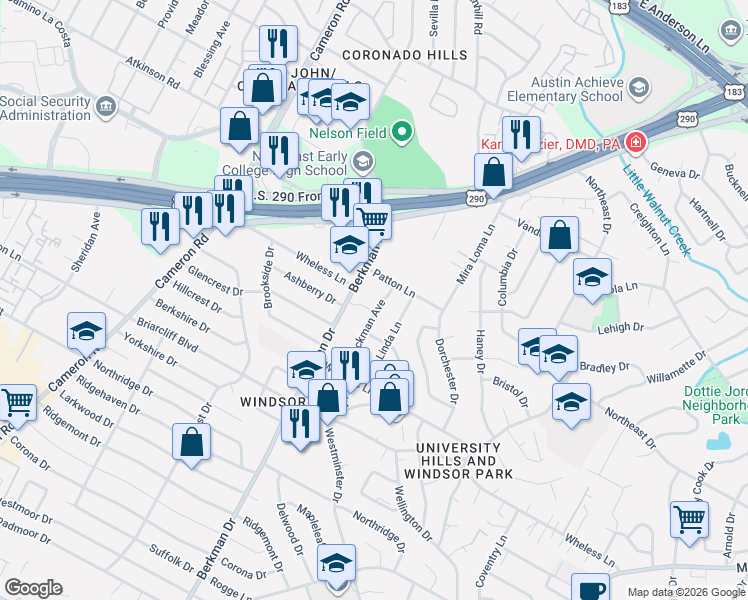 map of restaurants, bars, coffee shops, grocery stores, and more near 6506 Hickman Avenue in Austin