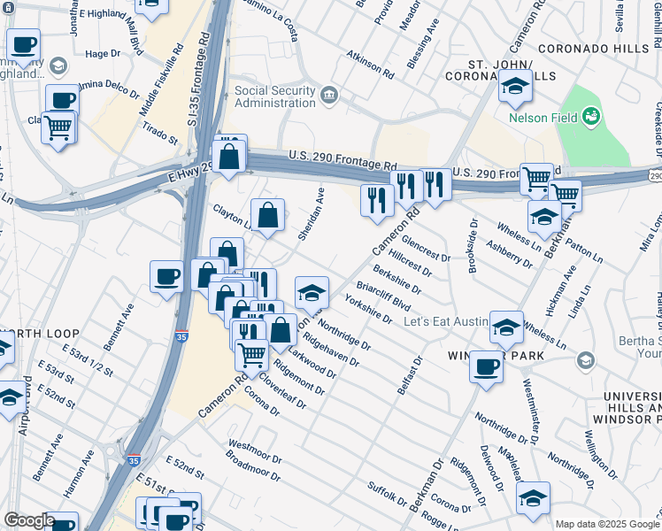 map of restaurants, bars, coffee shops, grocery stores, and more near 1120 Clayton Lane in Austin