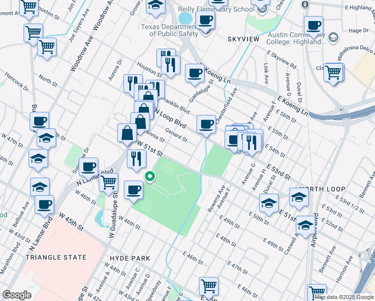map of restaurants, bars, coffee shops, grocery stores, and more near 402 Zennia Street in Austin