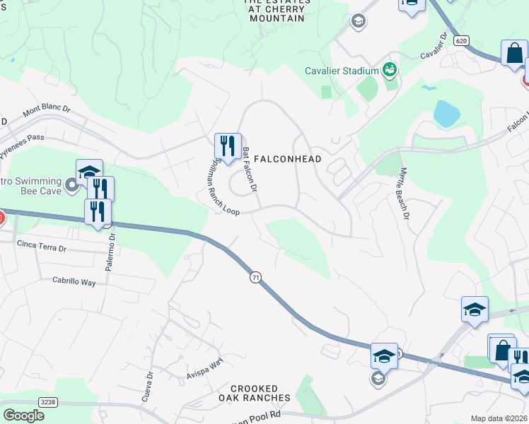 map of restaurants, bars, coffee shops, grocery stores, and more near 15017 Spillman Ranch Loop in Austin