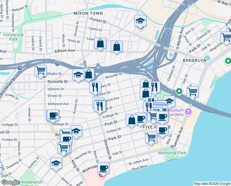 map of restaurants, bars, coffee shops, grocery stores, and more near 2218 Ernest Street in Jacksonville