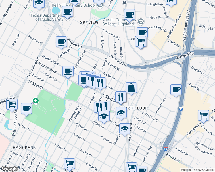 map of restaurants, bars, coffee shops, grocery stores, and more near Avenue H & East 54th Street in Austin