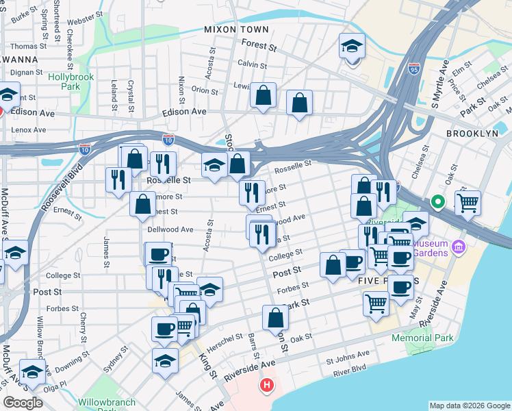 map of restaurants, bars, coffee shops, grocery stores, and more near 721 Stockton Street in Jacksonville