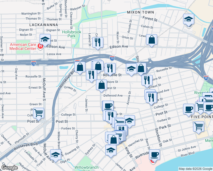 map of restaurants, bars, coffee shops, grocery stores, and more near 715 Ralph Street in Jacksonville