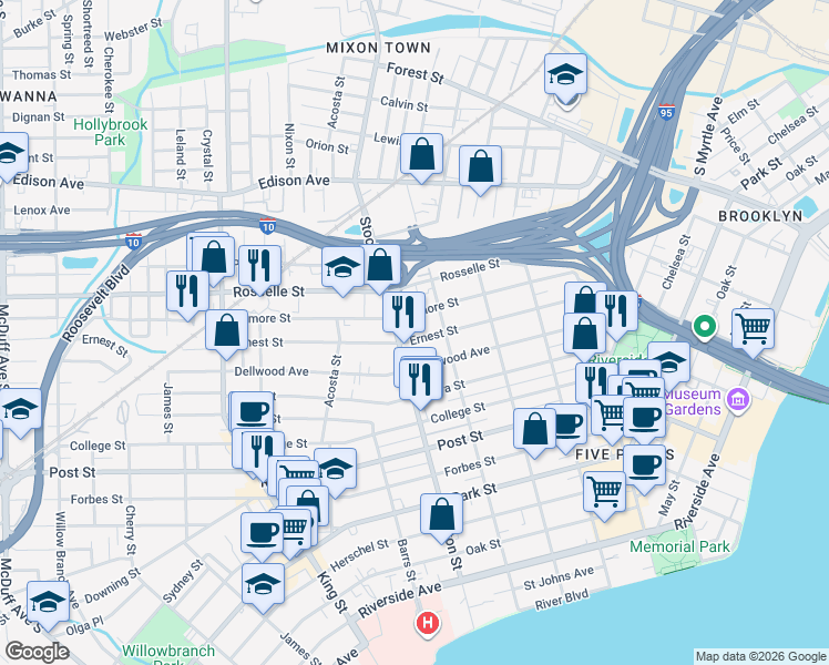 map of restaurants, bars, coffee shops, grocery stores, and more near 2343 Ernest Street in Jacksonville