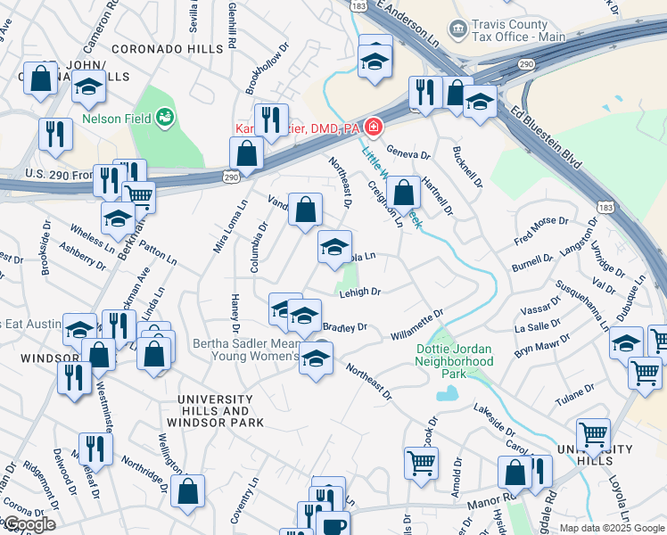map of restaurants, bars, coffee shops, grocery stores, and more near 6807 1/2 Northeast Drive in Austin