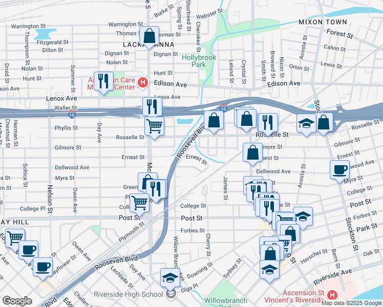 map of restaurants, bars, coffee shops, grocery stores, and more near 2855 Ernest Street in Jacksonville