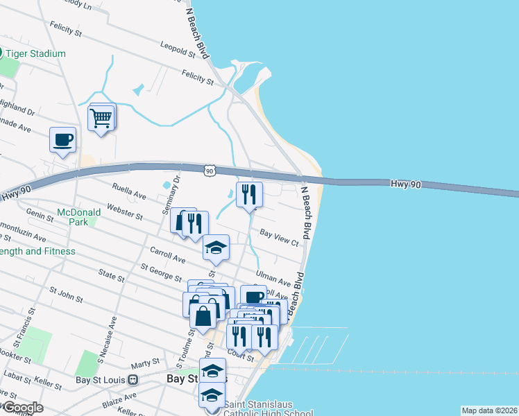 map of restaurants, bars, coffee shops, grocery stores, and more near 104 Timber Lane in Bay Saint Louis