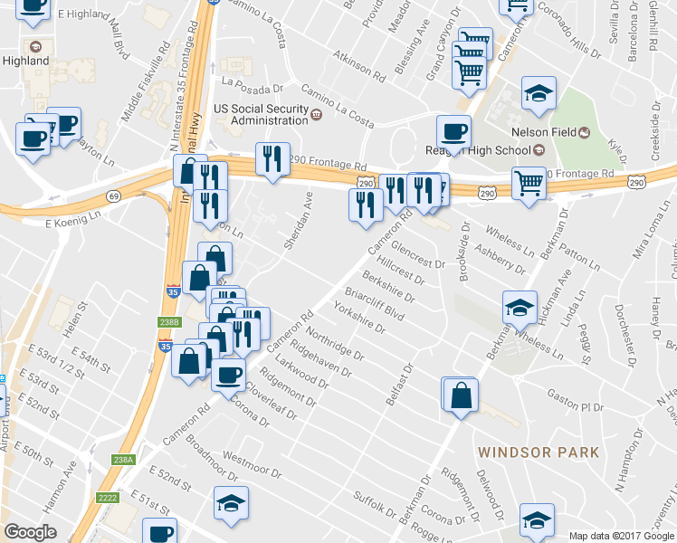 map of restaurants, bars, coffee shops, grocery stores, and more near 6006 Cameron Rd in Austin
