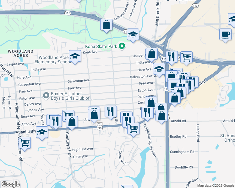 map of restaurants, bars, coffee shops, grocery stores, and more near 8710 Eaton Avenue in Jacksonville