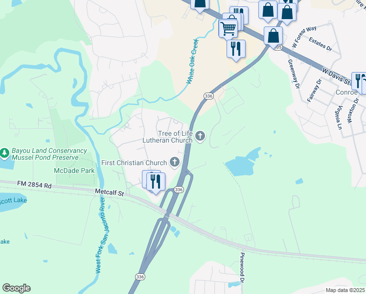 map of restaurants, bars, coffee shops, grocery stores, and more near 3001 North Loop 336 West in Conroe