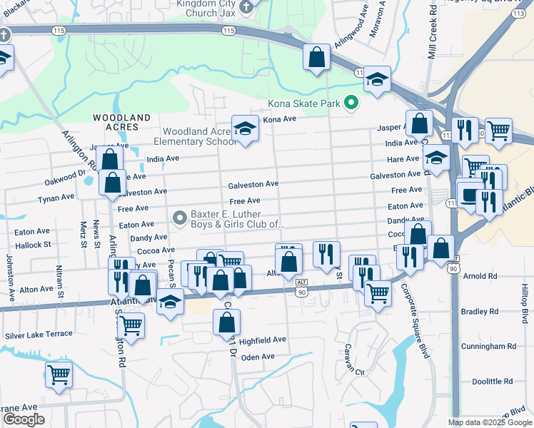 map of restaurants, bars, coffee shops, grocery stores, and more near 8319 Eaton Avenue in Jacksonville