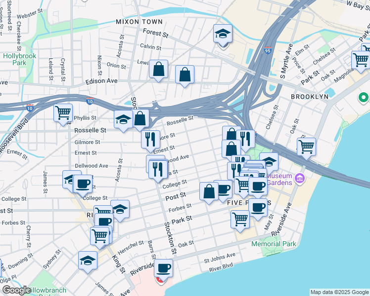 map of restaurants, bars, coffee shops, grocery stores, and more near 2218 Ernest Street in Jacksonville