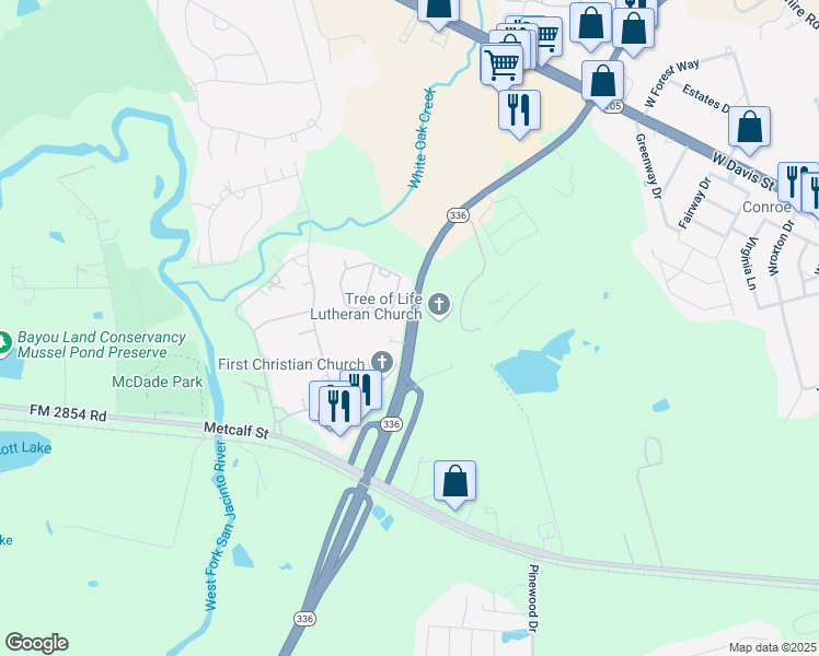 map of restaurants, bars, coffee shops, grocery stores, and more near 3011 North Loop 336 West in Conroe