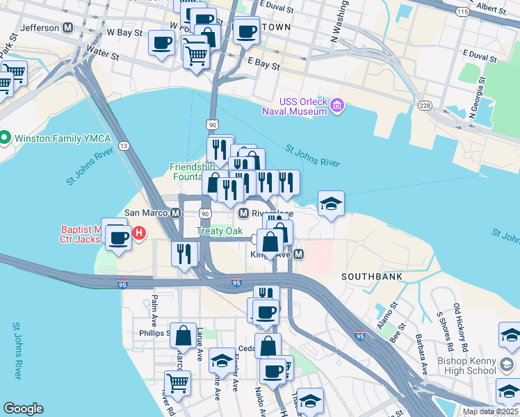 map of restaurants, bars, coffee shops, grocery stores, and more near 1478 Riverplace Boulevard in Jacksonville