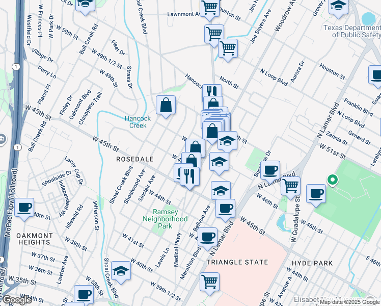 map of restaurants, bars, coffee shops, grocery stores, and more near 4610 Rosedale Avenue in Austin