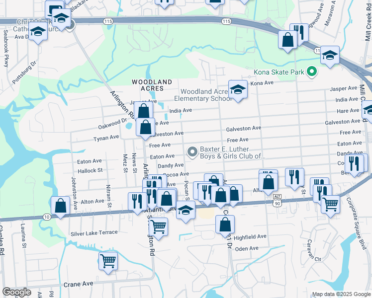 map of restaurants, bars, coffee shops, grocery stores, and more near 211 Pecan Street in Jacksonville