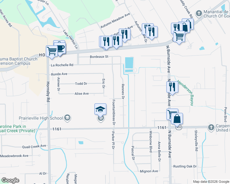 map of restaurants, bars, coffee shops, grocery stores, and more near 17160 Fountainbleau Drive in Prairieville