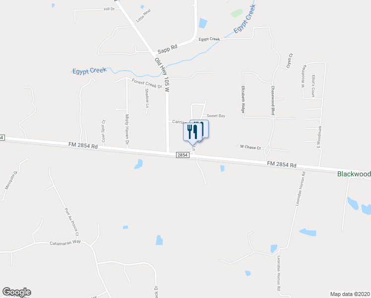 map of restaurants, bars, coffee shops, grocery stores, and more near 12412 FM 2854 Road in Conroe
