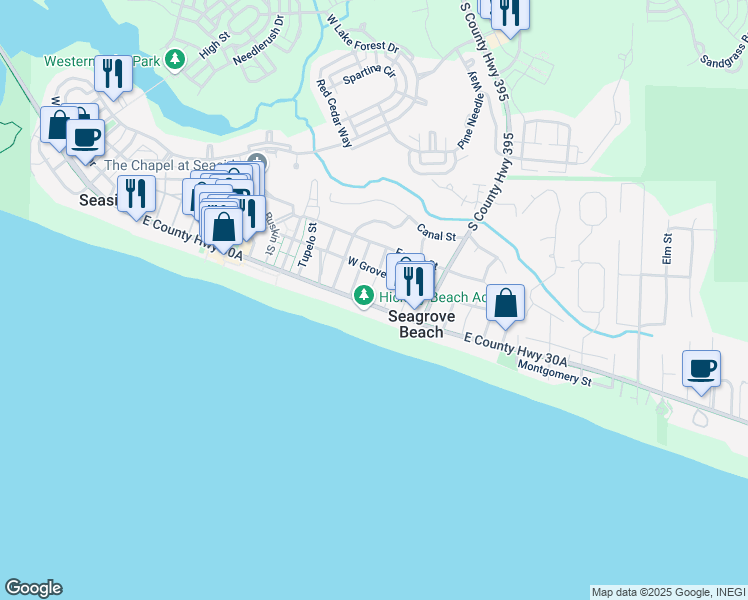 map of restaurants, bars, coffee shops, grocery stores, and more near 2647 East County Highway 30A in Santa Rosa Beach