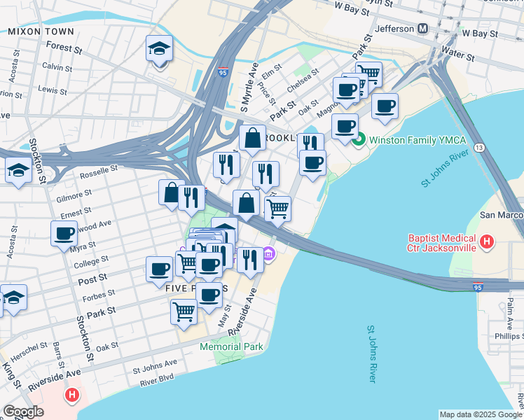 map of restaurants, bars, coffee shops, grocery stores, and more near 725 Peninsular Place in Jacksonville