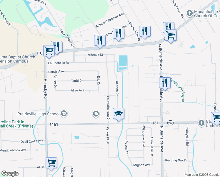 map of restaurants, bars, coffee shops, grocery stores, and more near 17160 Fountainbleau Drive in Prairieville