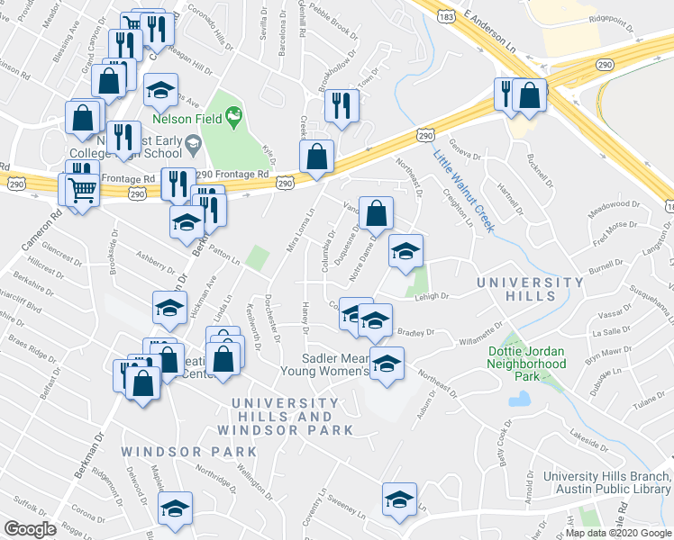 map of restaurants, bars, coffee shops, grocery stores, and more near 6703 Duquesne Drive in Austin