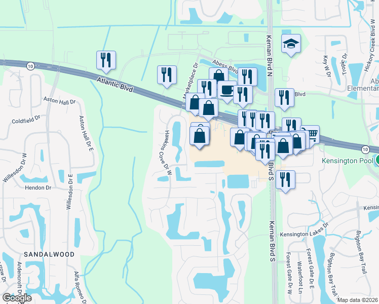map of restaurants, bars, coffee shops, grocery stores, and more near 1715 Hawkins Cove Drive East in Jacksonville