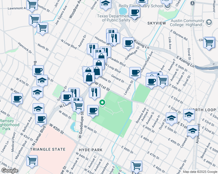 map of restaurants, bars, coffee shops, grocery stores, and more near 600 West 51st Street in Austin
