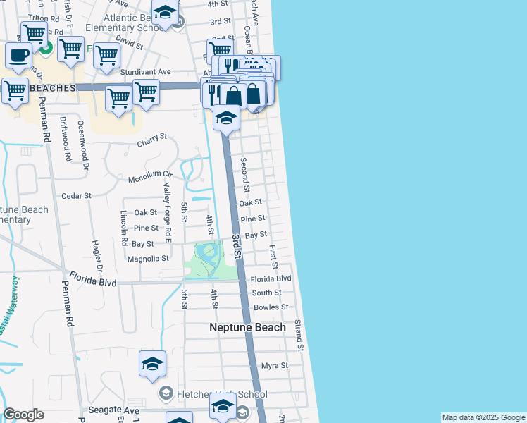 map of restaurants, bars, coffee shops, grocery stores, and more near 815 Second Street in Neptune Beach