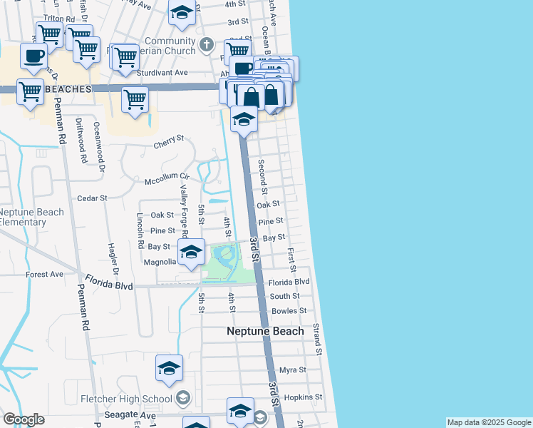 map of restaurants, bars, coffee shops, grocery stores, and more near 815 Second Street in Neptune Beach
