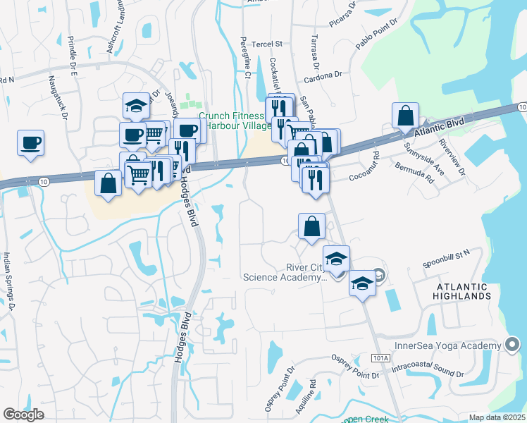 map of restaurants, bars, coffee shops, grocery stores, and more near 13300 Atlantic Boulevard in Jacksonville