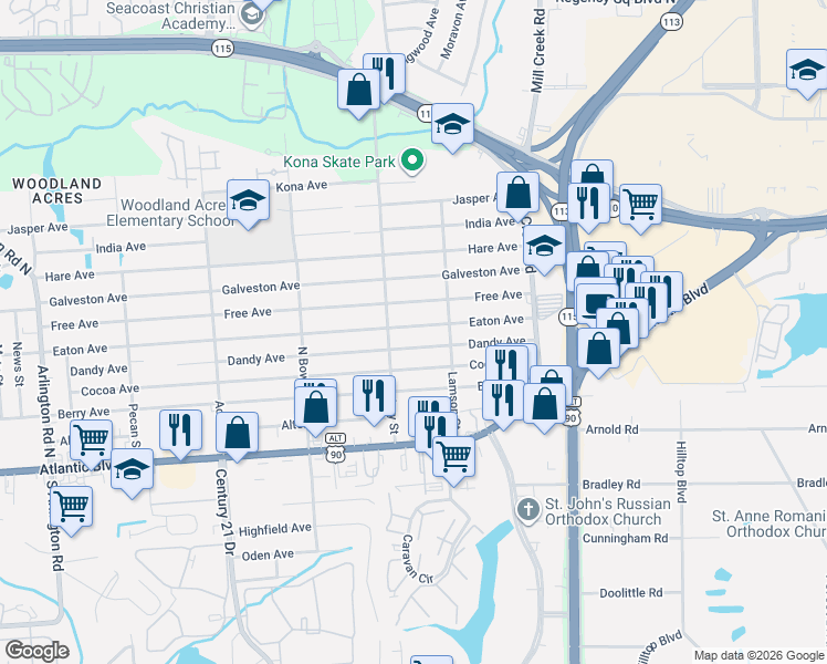 map of restaurants, bars, coffee shops, grocery stores, and more near 8710 Eaton Avenue in Jacksonville