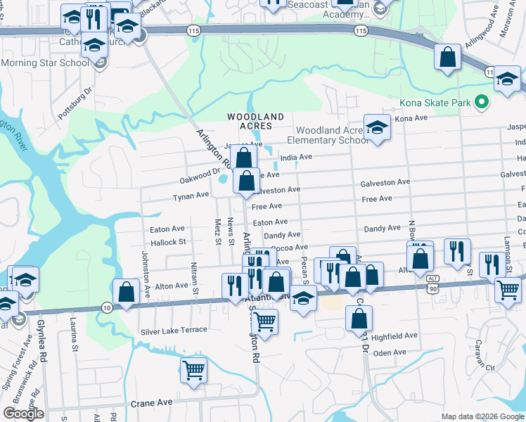 map of restaurants, bars, coffee shops, grocery stores, and more near 229 Arlington Road North in Jacksonville