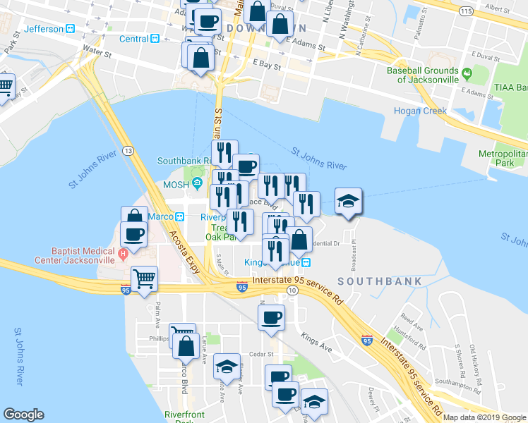 map of restaurants, bars, coffee shops, grocery stores, and more near 1478 Riverplace Boulevard in Jacksonville